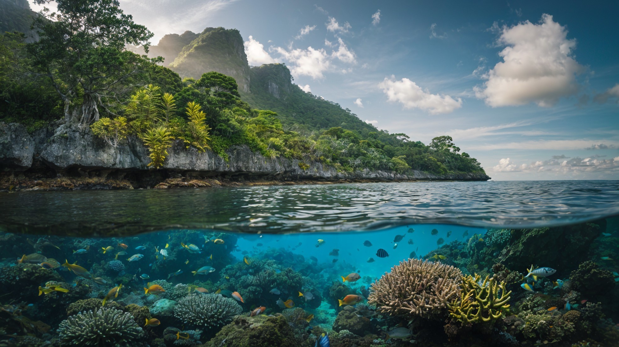 Vibrant Underwater Scene and Lush Coastal Landscape