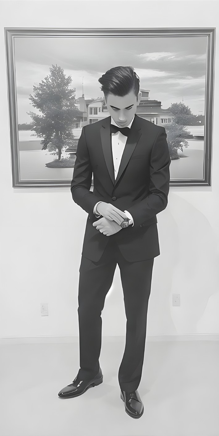 Stylish Young Man in Tuxedo with Monochrome Art
