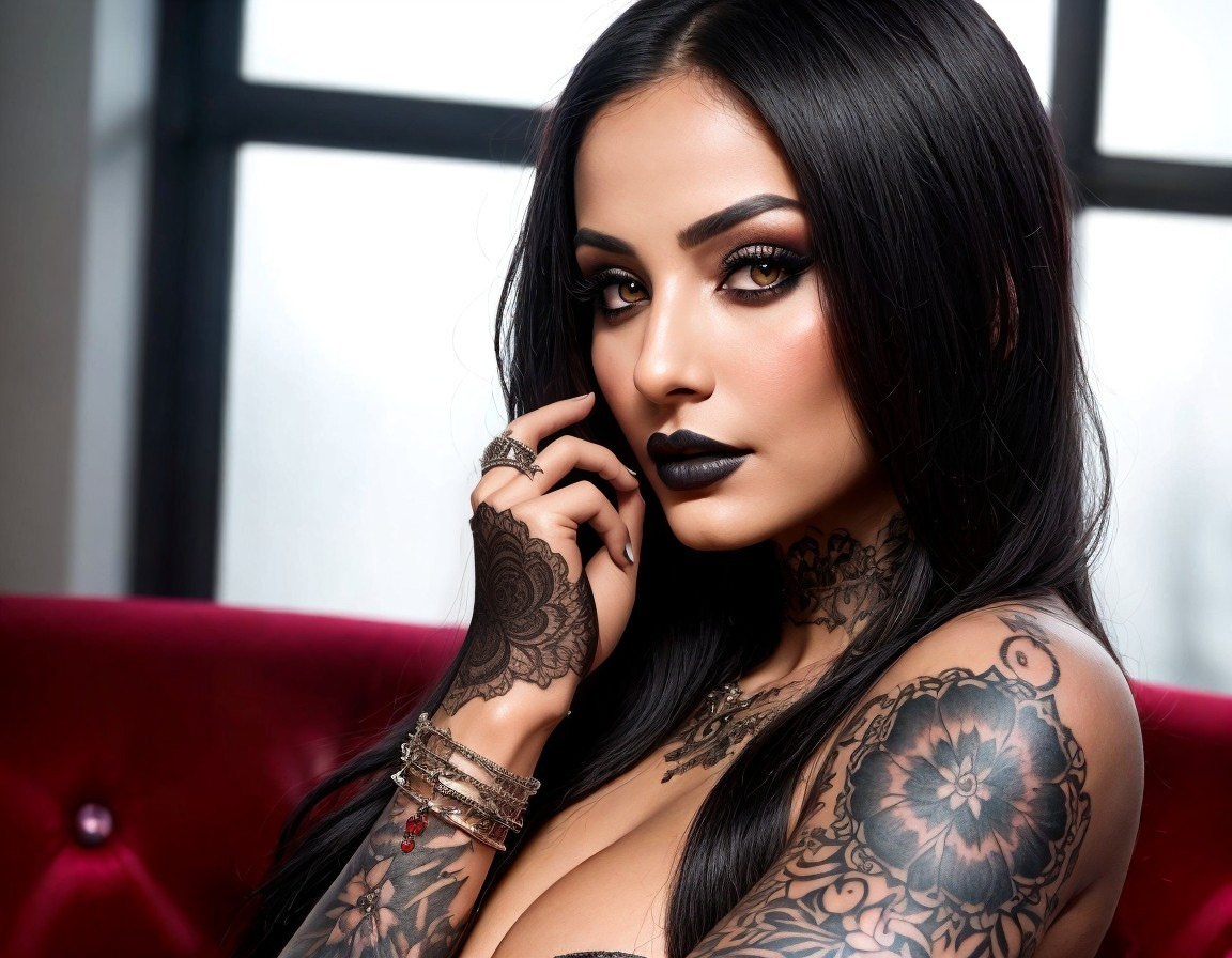 Portrait of a confident woman with dark hair and tattoos