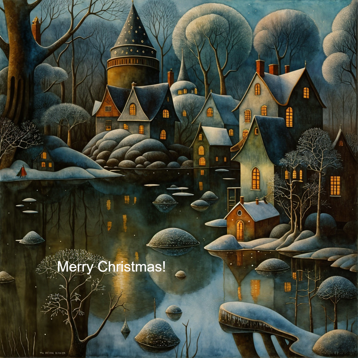 Digital Watercolor of a Snowy European Village Scene