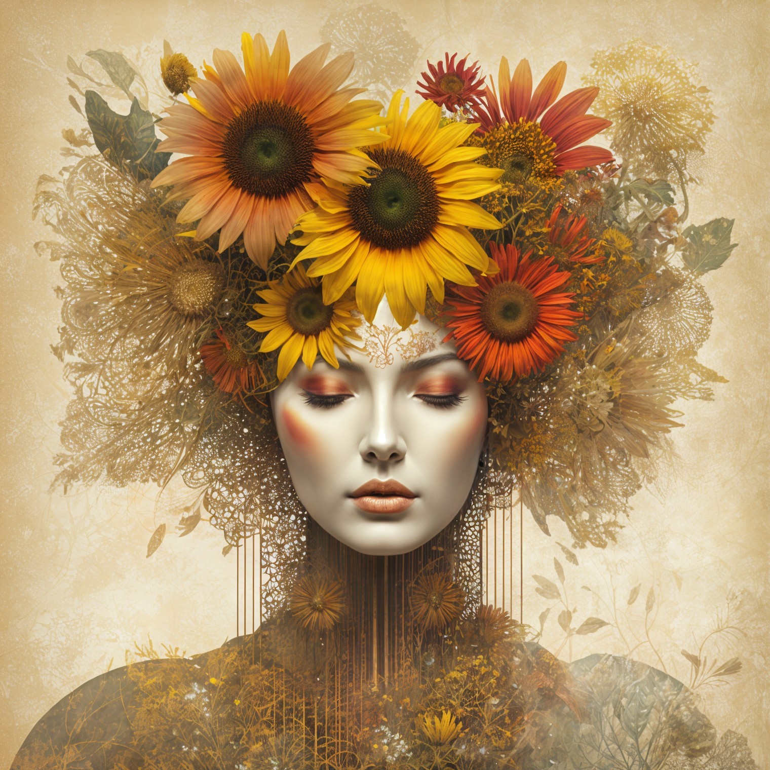 Digitally Painted Portrait of Woman with Floral Headdress