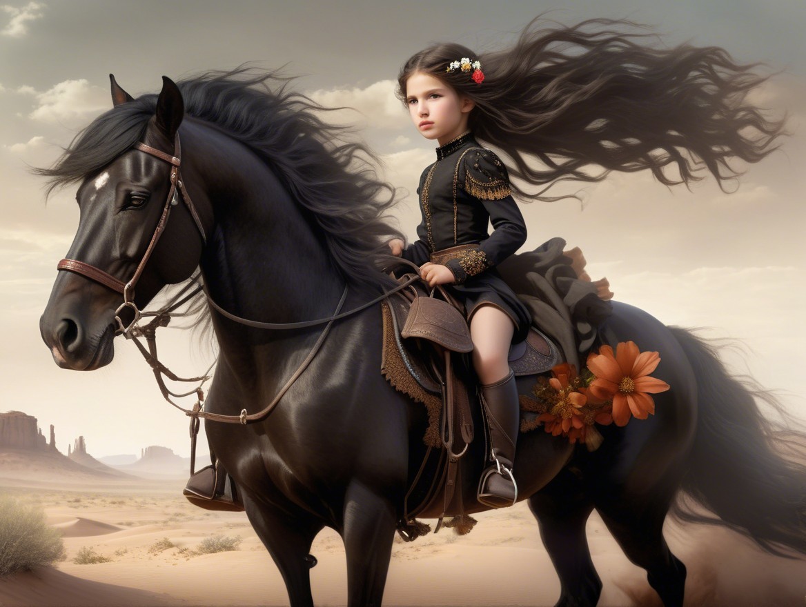 Young Girl on Black Horse in Desert Landscape
