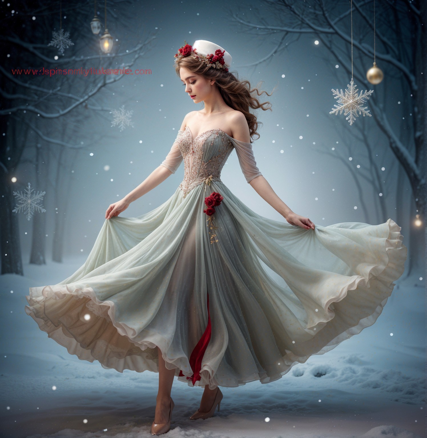 Young Woman in Ethereal Dress in Snowy Forest Scene