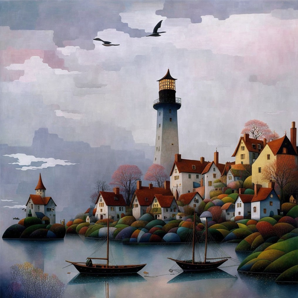 Coastal Village with Lighthouse and Soaring Birds
