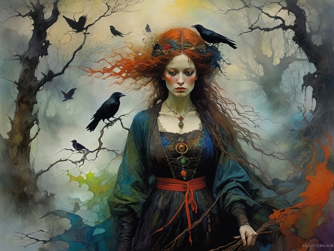 Somber Woman in Ethereal Forest with Ravens