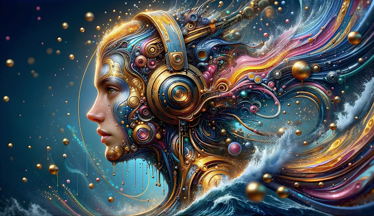 Colorful digital artwork: person's profile with mechanical and cosmic elements