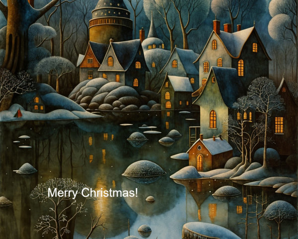 Digital Watercolor of a Snowy European Village Scene