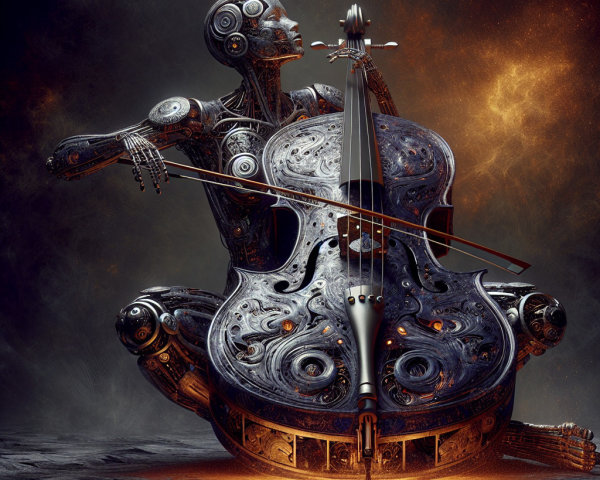 Cyborg Playing Steampunk Cello in Dark Atmosphere