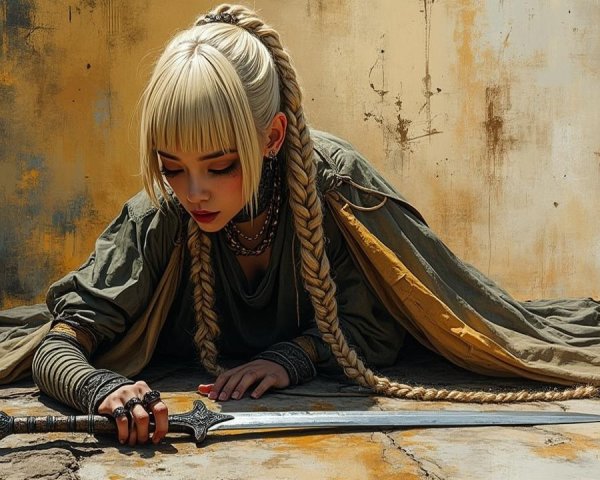 Fantasy girl in green dress with longsword outdoors