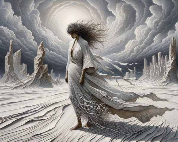 Ethereal Woman in Flowing Dress in Otherworldly Landscape