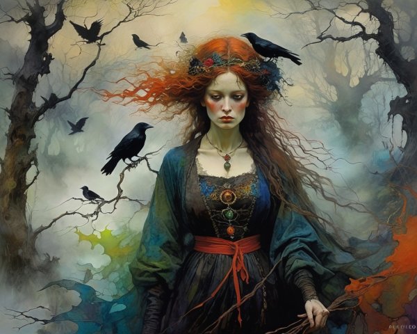 Somber Woman in Ethereal Forest with Ravens
