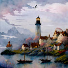 Coastal Village with Lighthouse and Soaring Birds