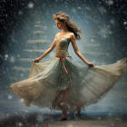 Young Woman in Ethereal Dress in Snowy Forest Scene