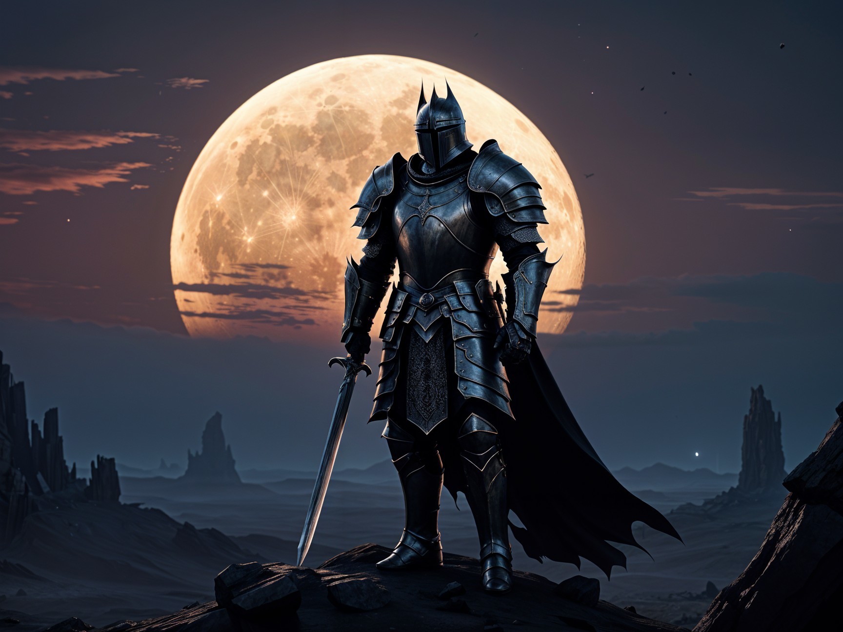 Knight in Dark Armor Under Full Moon and Stars