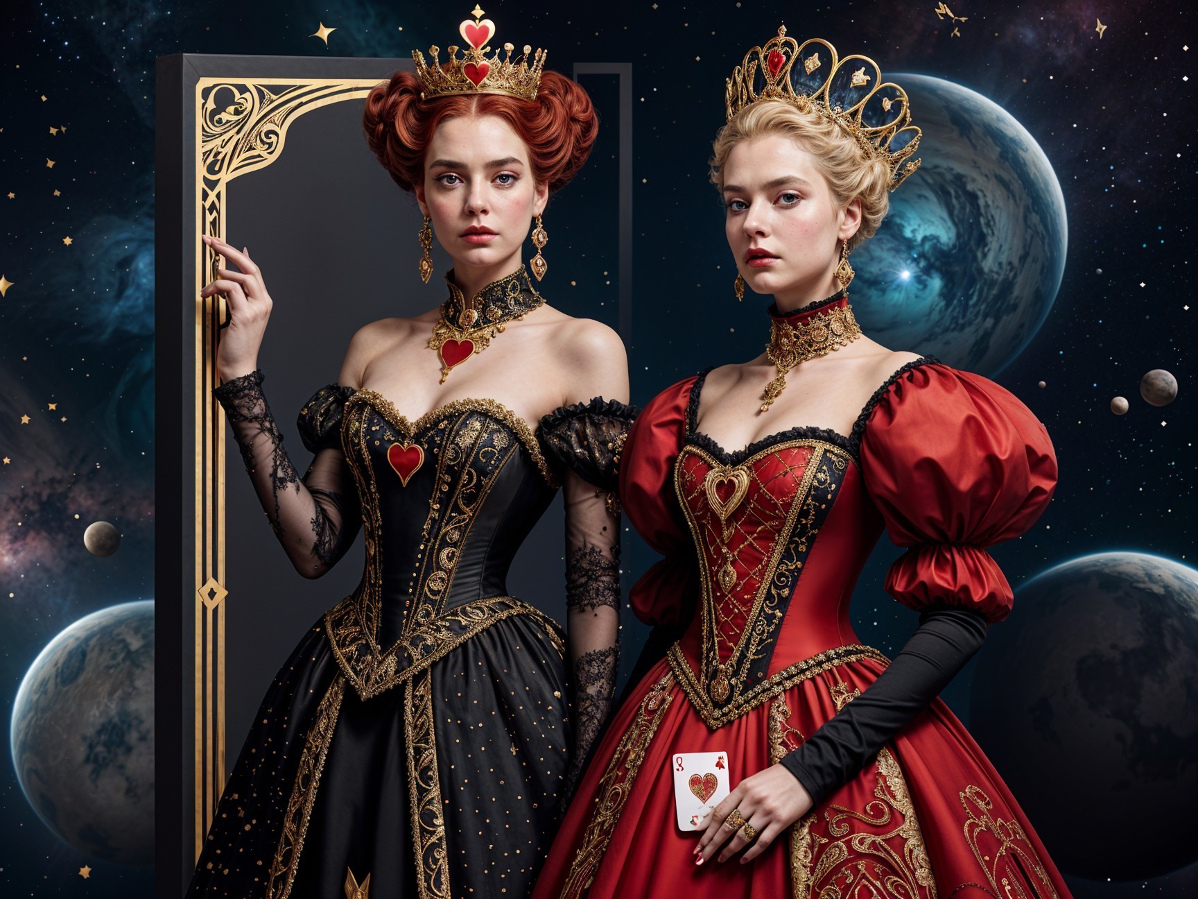 Regal Women in Cosmic Setting with Elaborate Dresses
