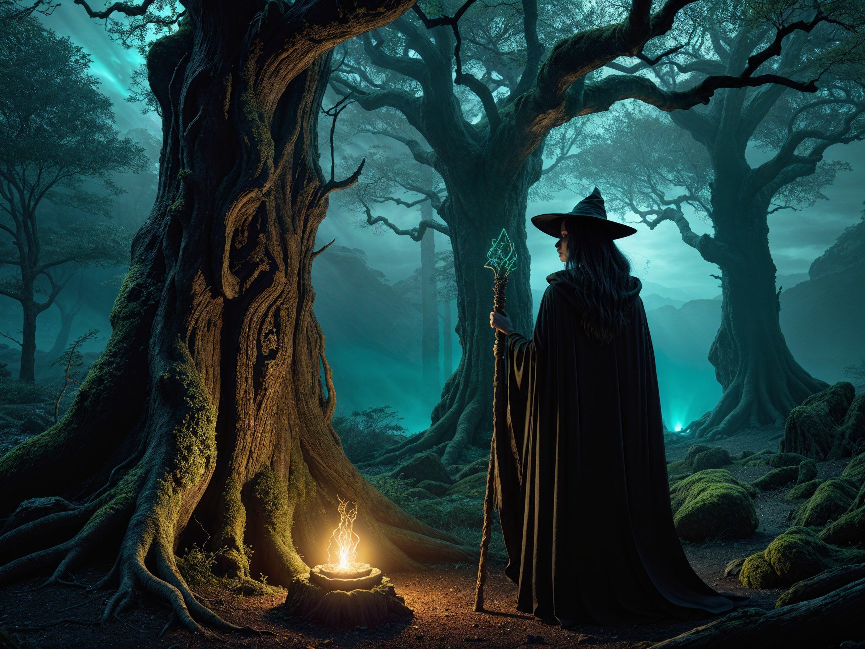 Cloaked Figure in Enchanted Twilight Forest Scene