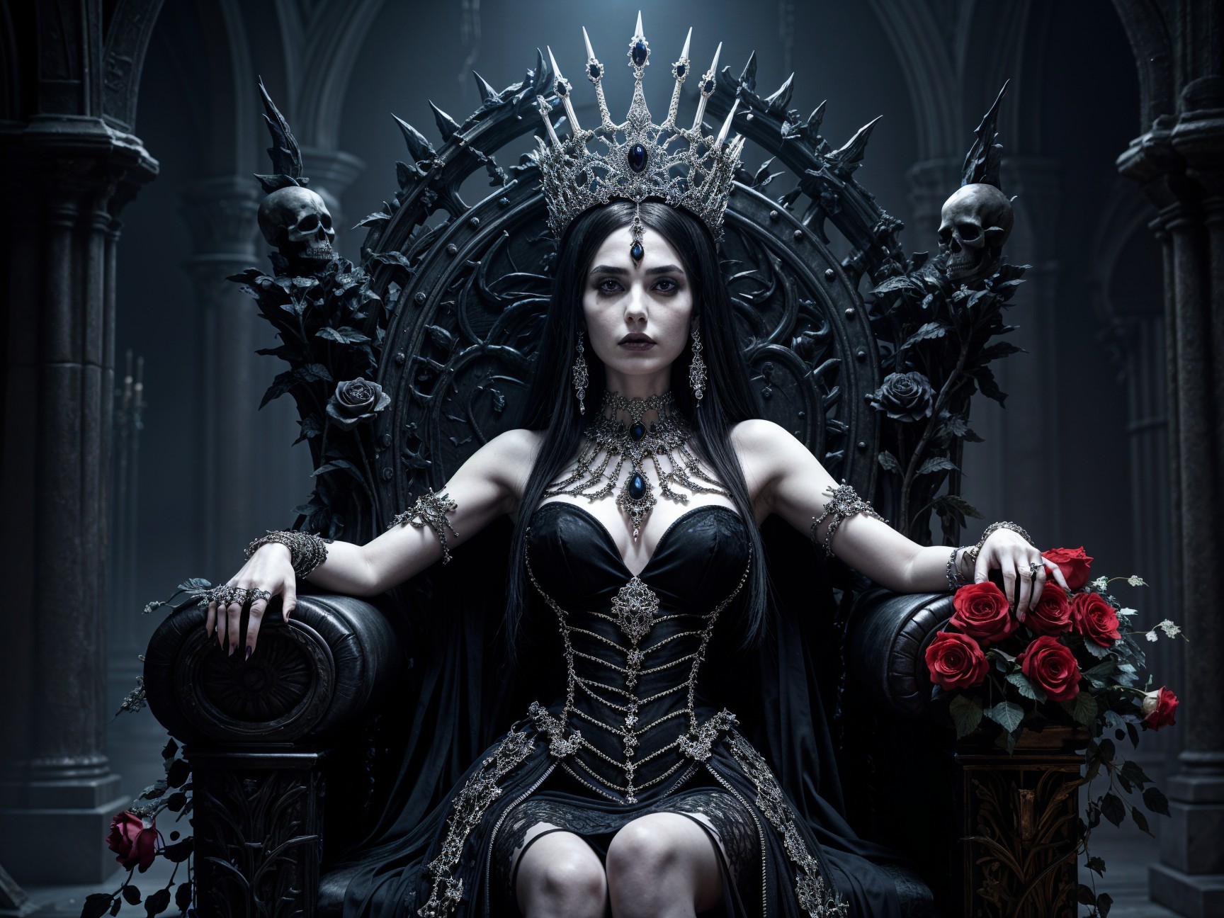 Regal Figure on Skull Throne in Gothic Setting