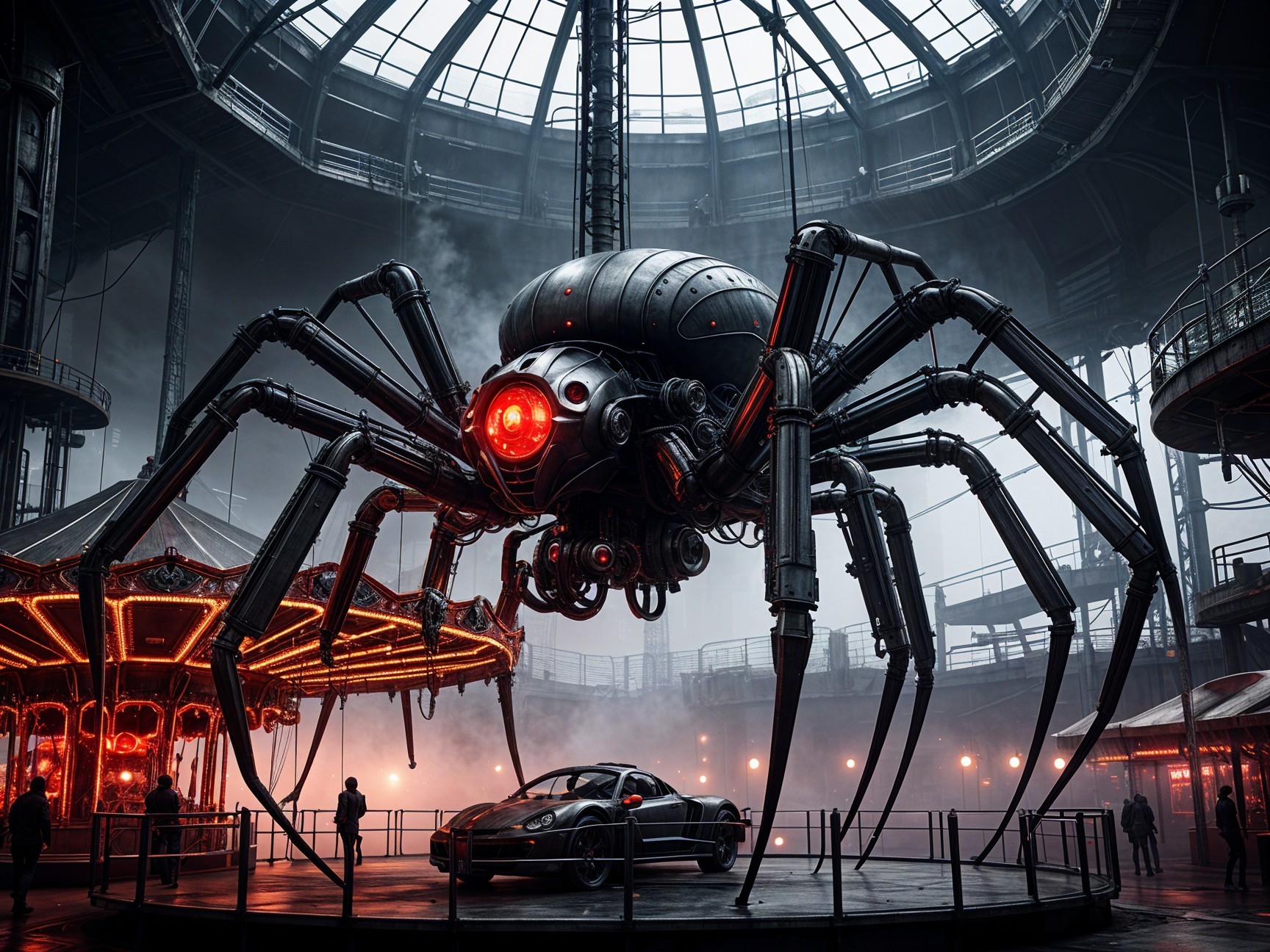 Colossal Mechanical Spider in Industrial Space