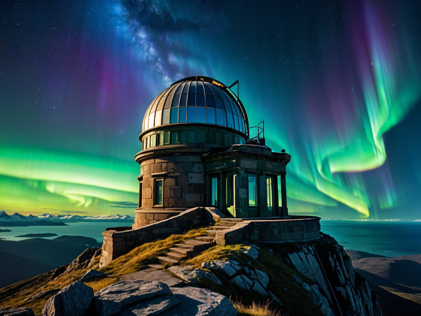 Observatory Under Vibrant Auroras and Milky Way