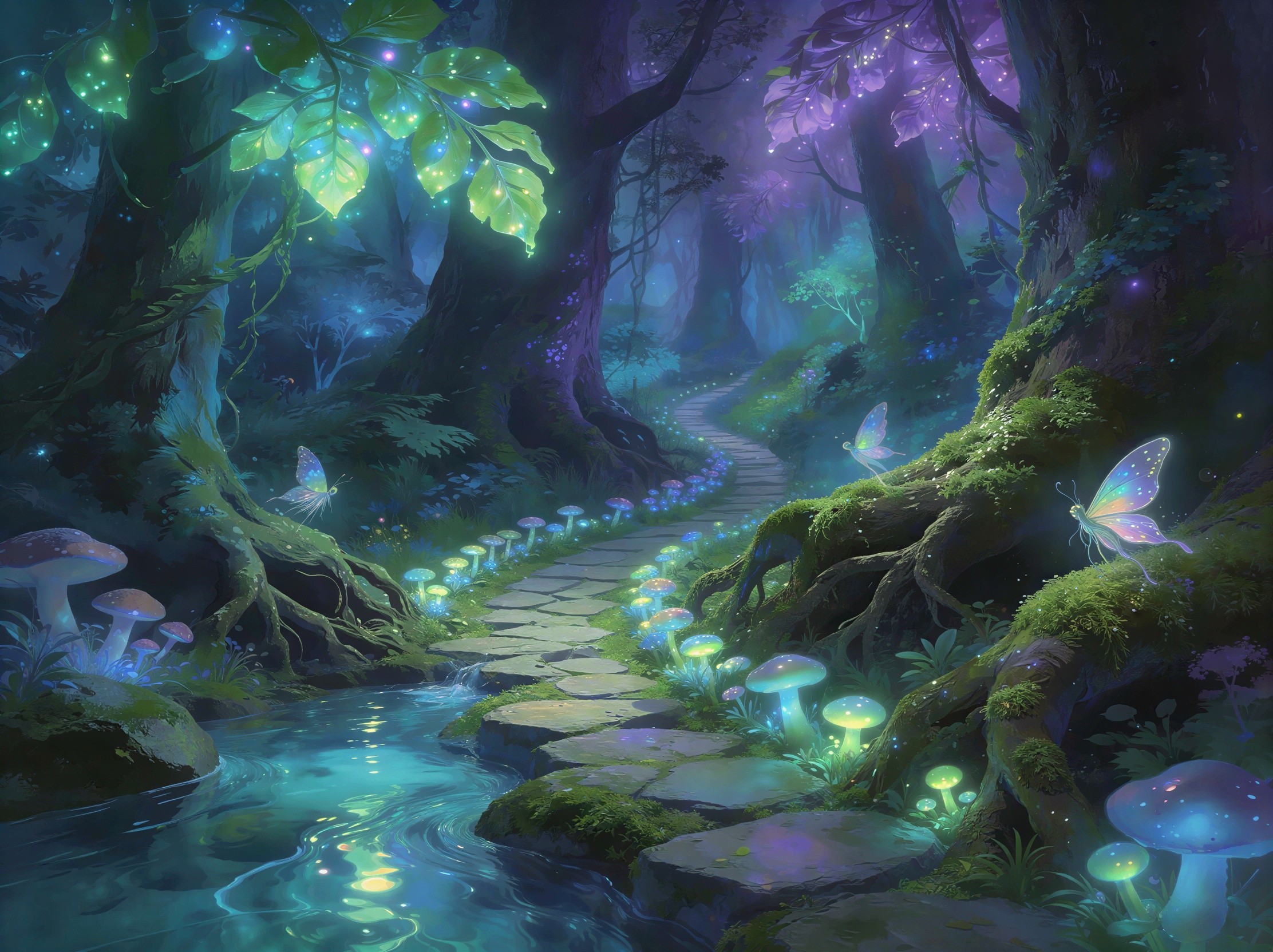 Enchanting Night Forest Path with Glowing Mushrooms