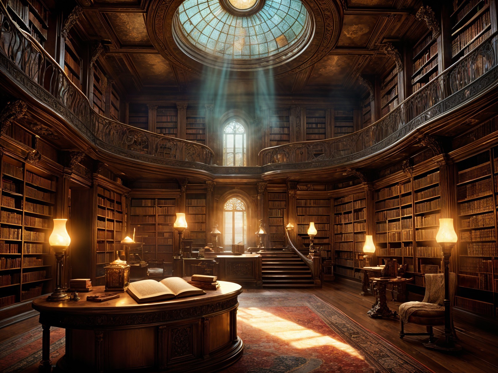 Grand library with wooden bookshelves and stained glass