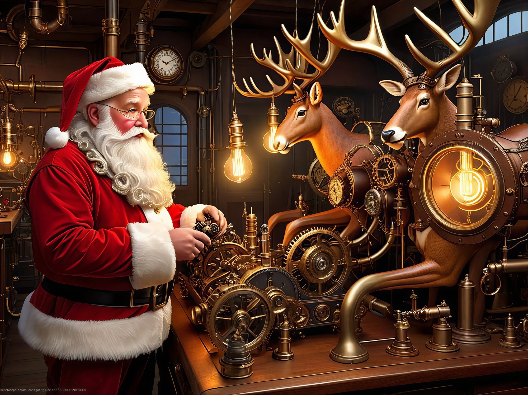 Santa Claus Working on Steampunk Machinery with Deer