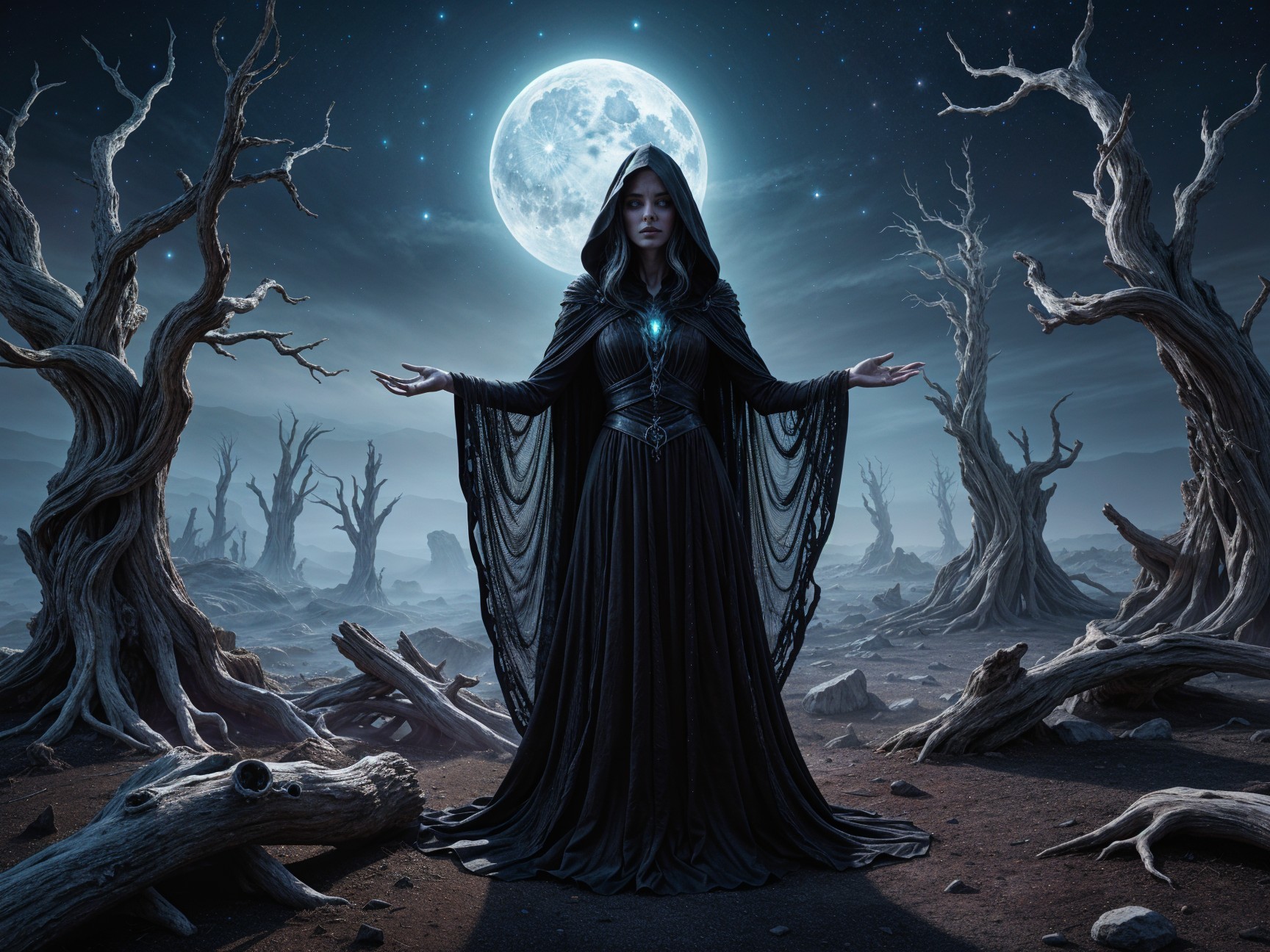 Mysterious Cloaked Figure in Eerie Moonlit Landscape