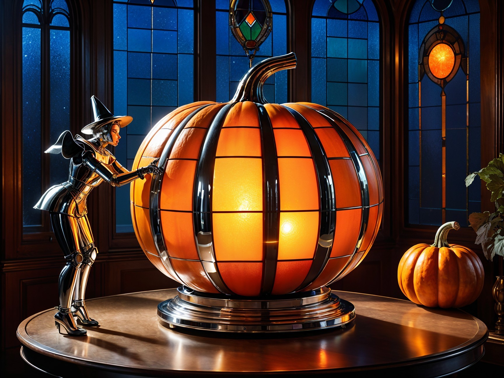 Illuminated Pumpkin Sculpture with Metallic Witch Figure