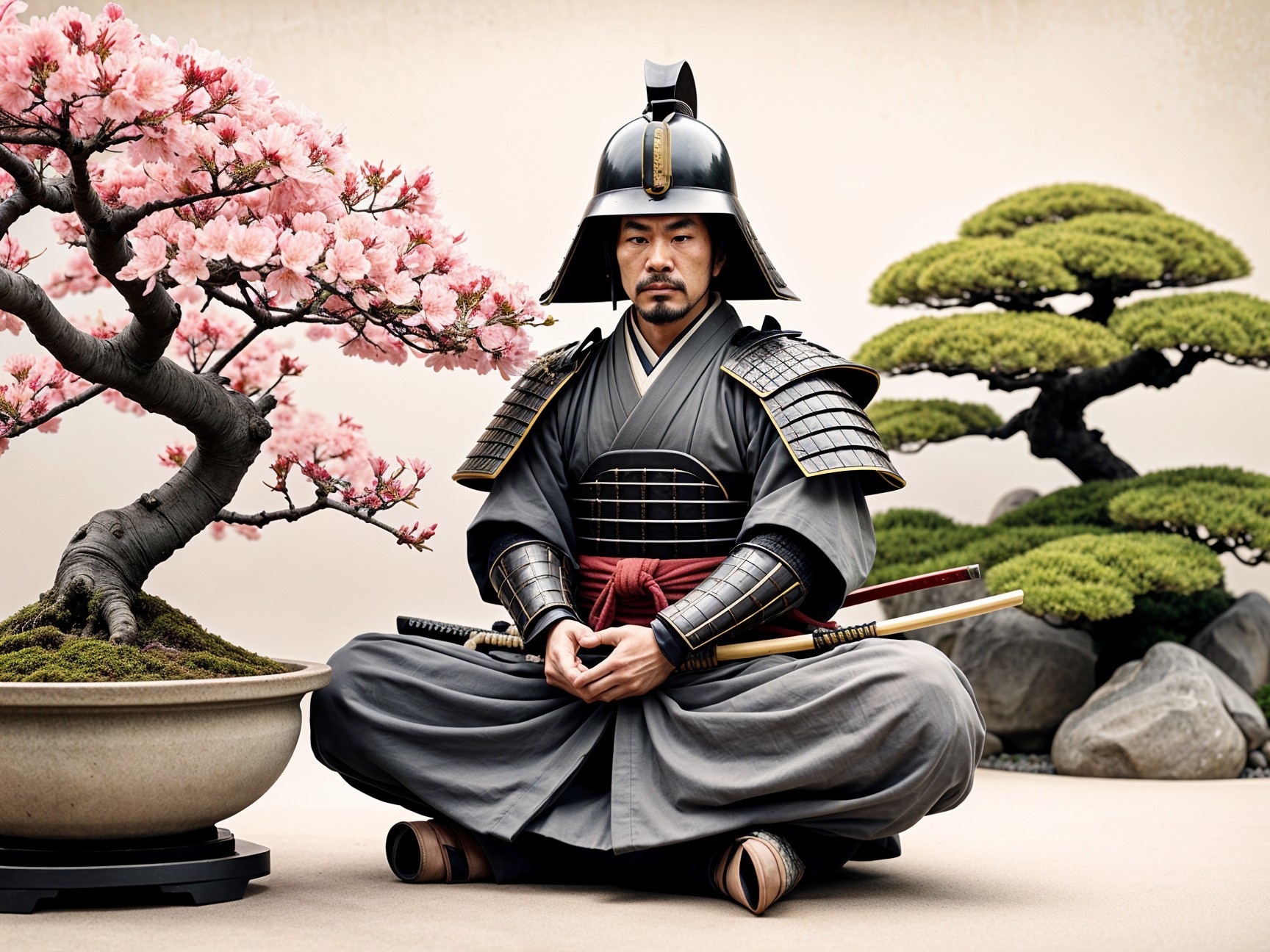 Serene Samurai in Traditional Armor Amid Cherry Blossoms