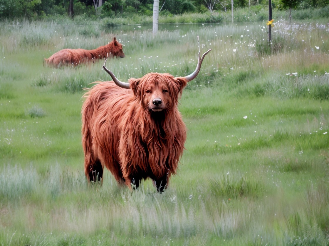 Highland Cow in Lush Green Field with Grazing Companion