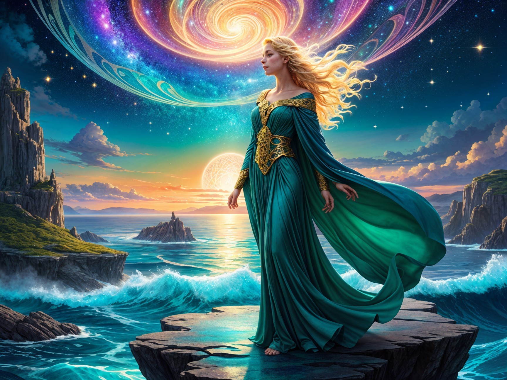 Mystical Figure on Rocky Outcrop with Cosmic Background