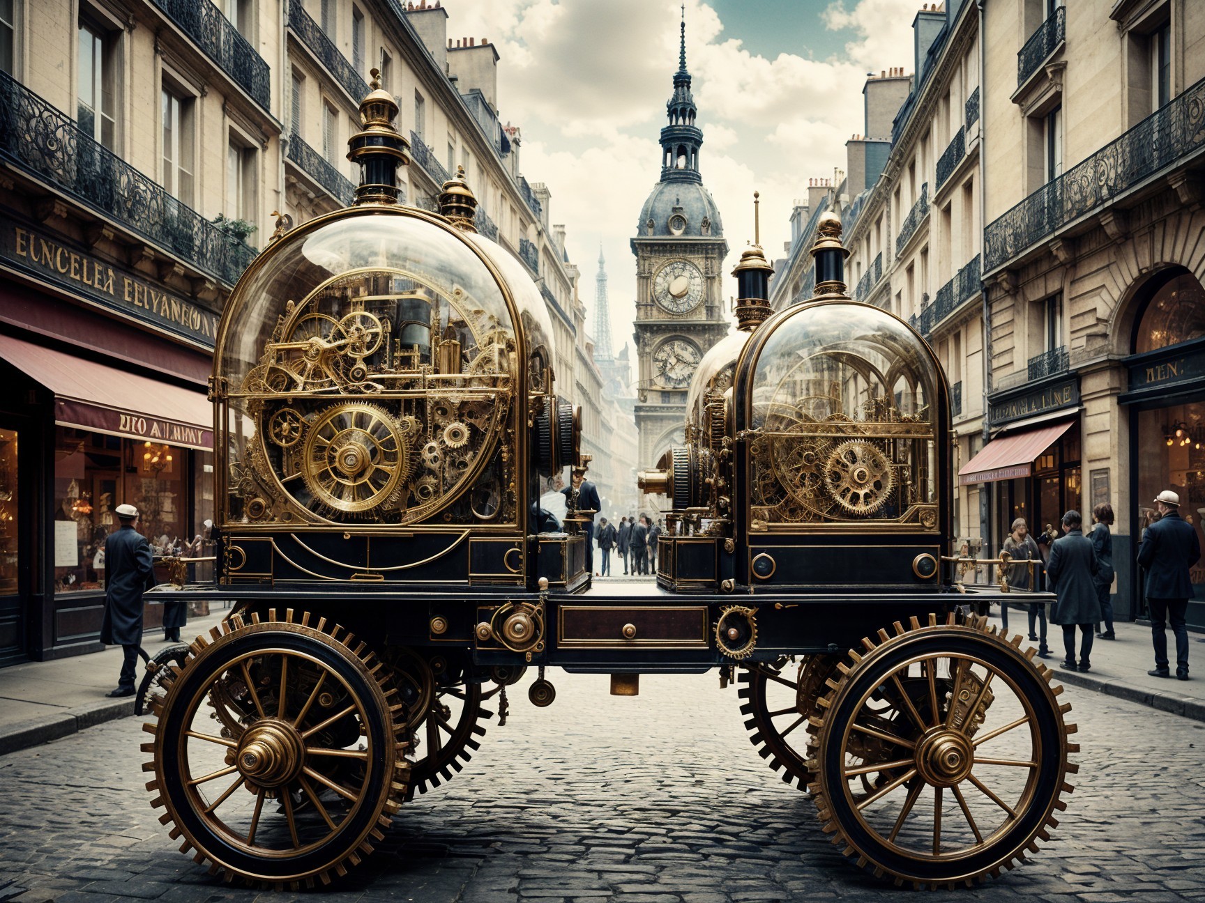 Steampunk Vehicle on a Parisian Cobblestone Street