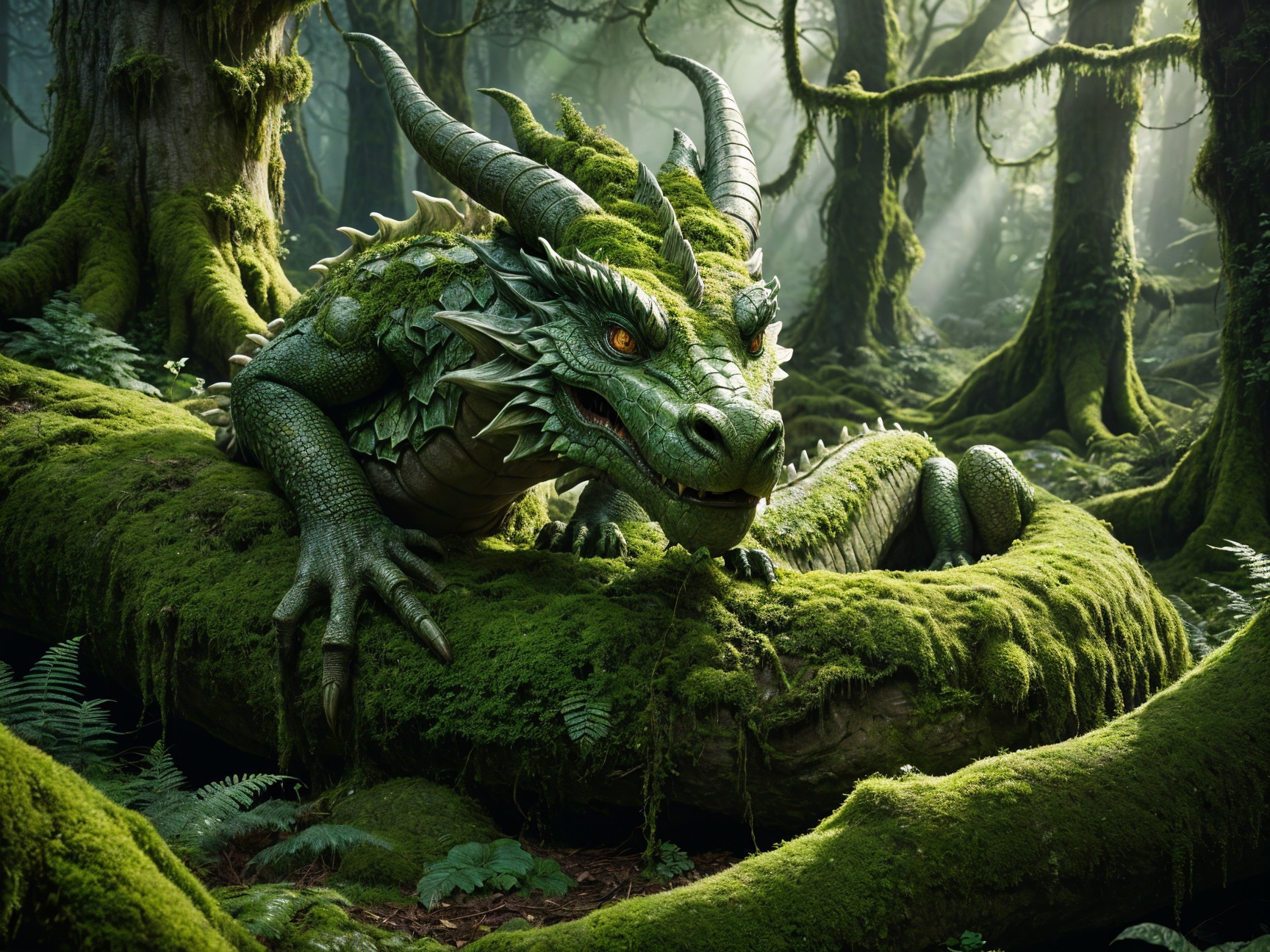 Majestic Green Dragon in Enchanted Forest Setting