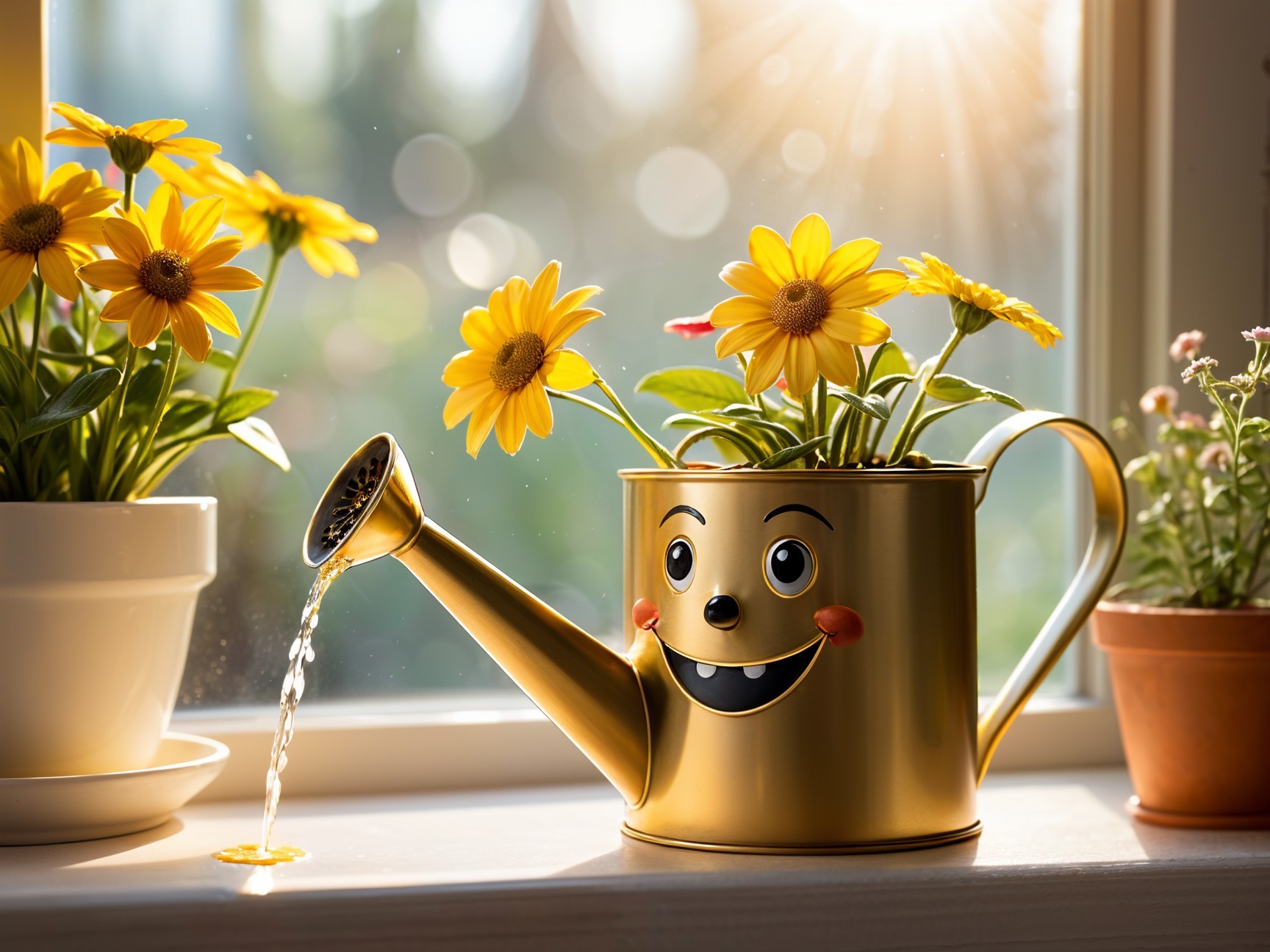 Golden Watering Can with Flowers on Sunlit Windowsill