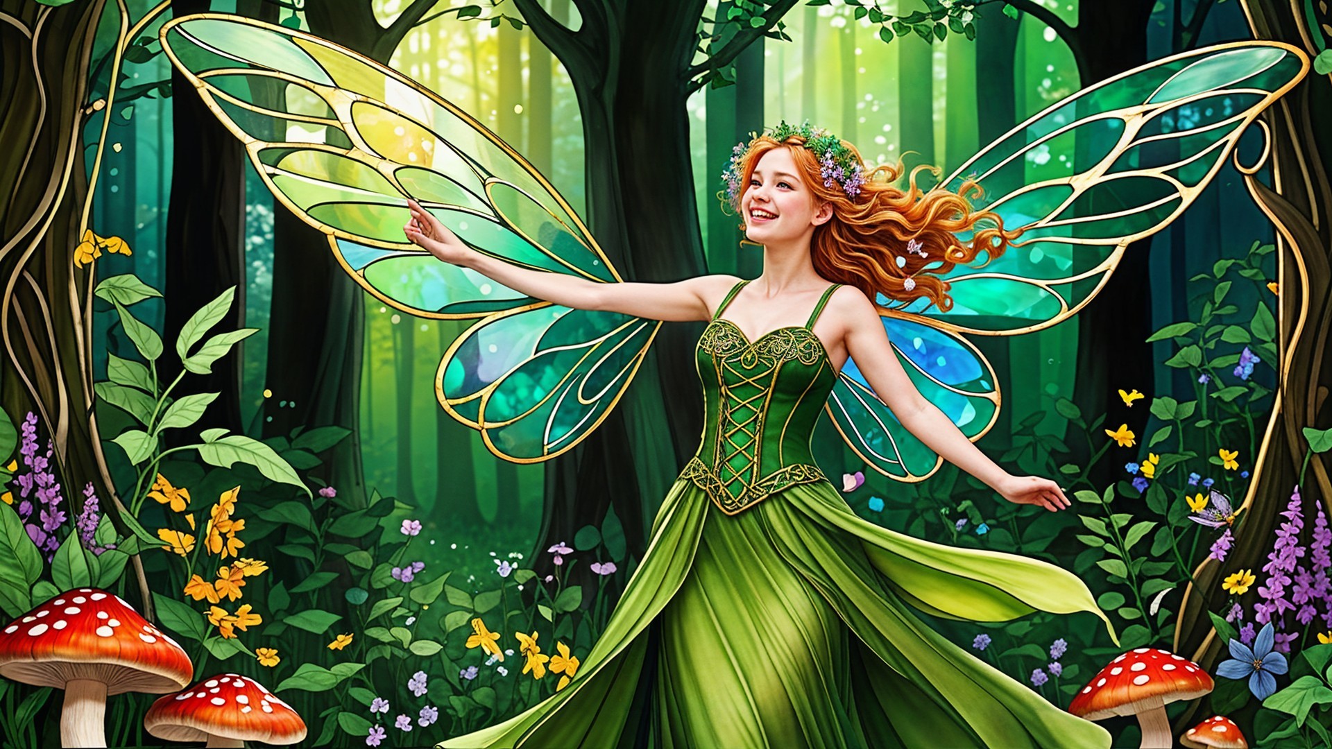 Whimsical Fairy Dancing in a Colorful Forest