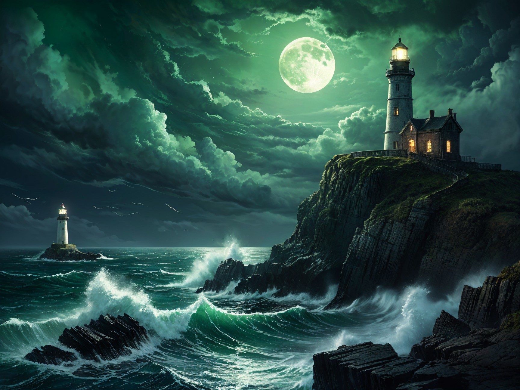 Dramatic Seascape with Lighthouses and Turbulent Waves
