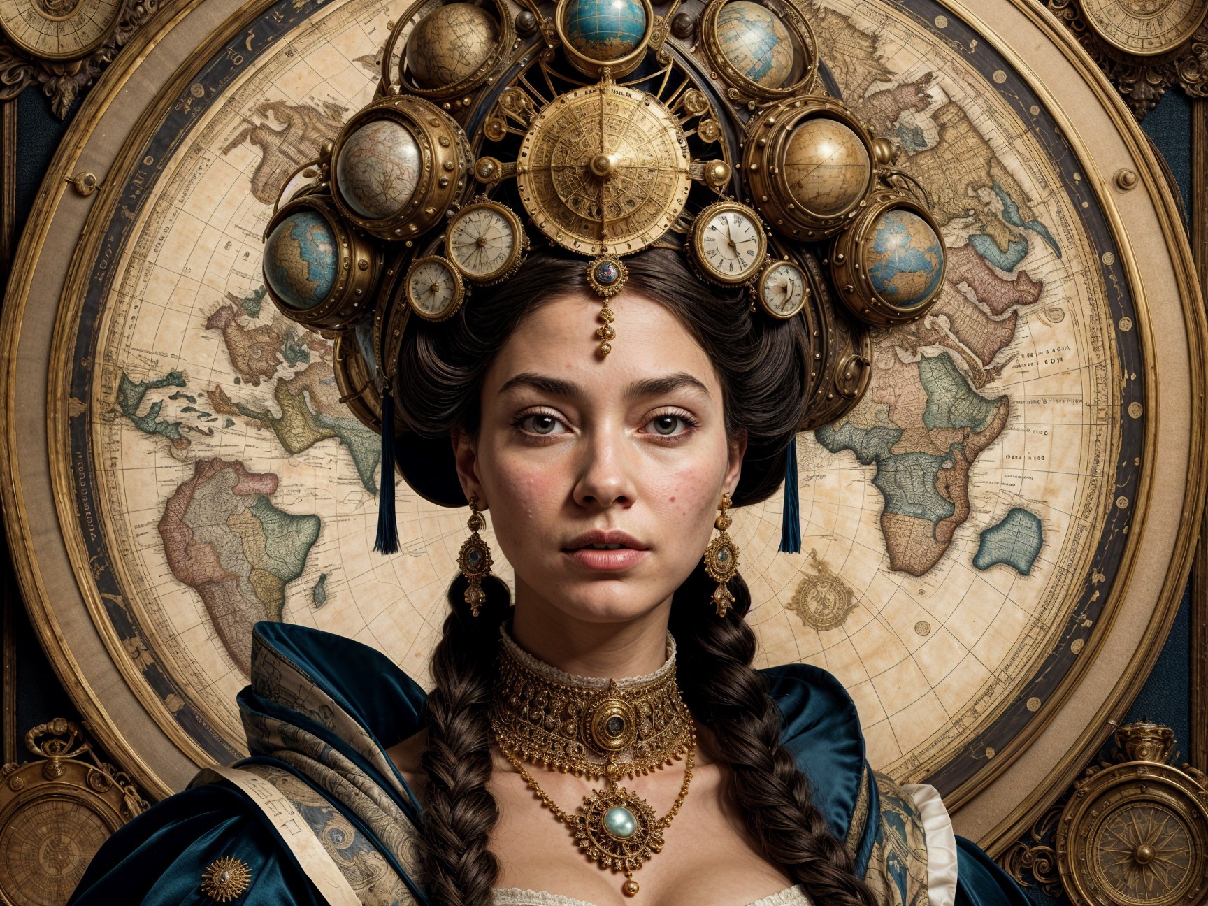 Elaborate Attire with Celestial Headpiece and Antique Map
