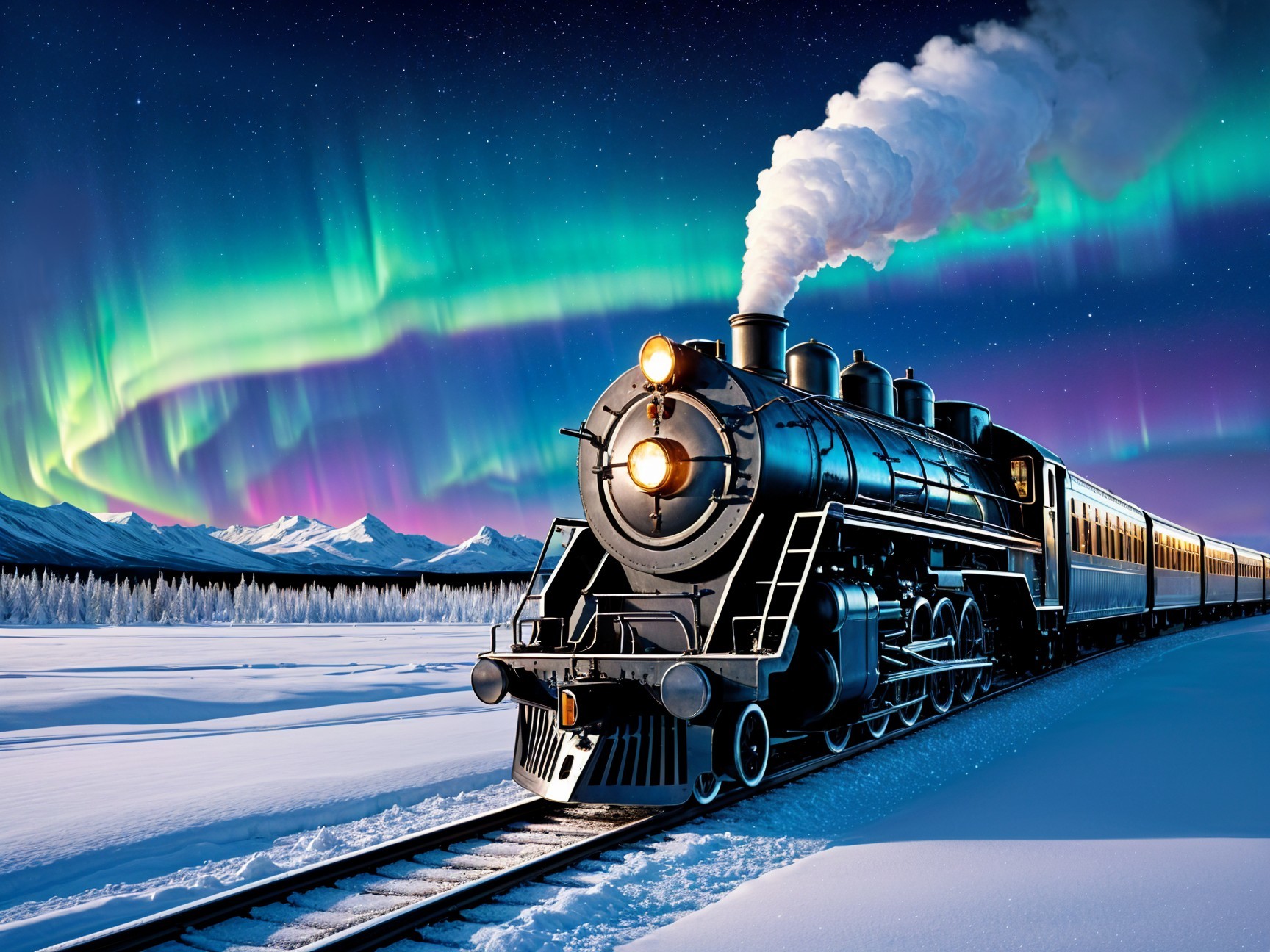Vintage Steam Locomotive in a Snowy Landscape with Aurora