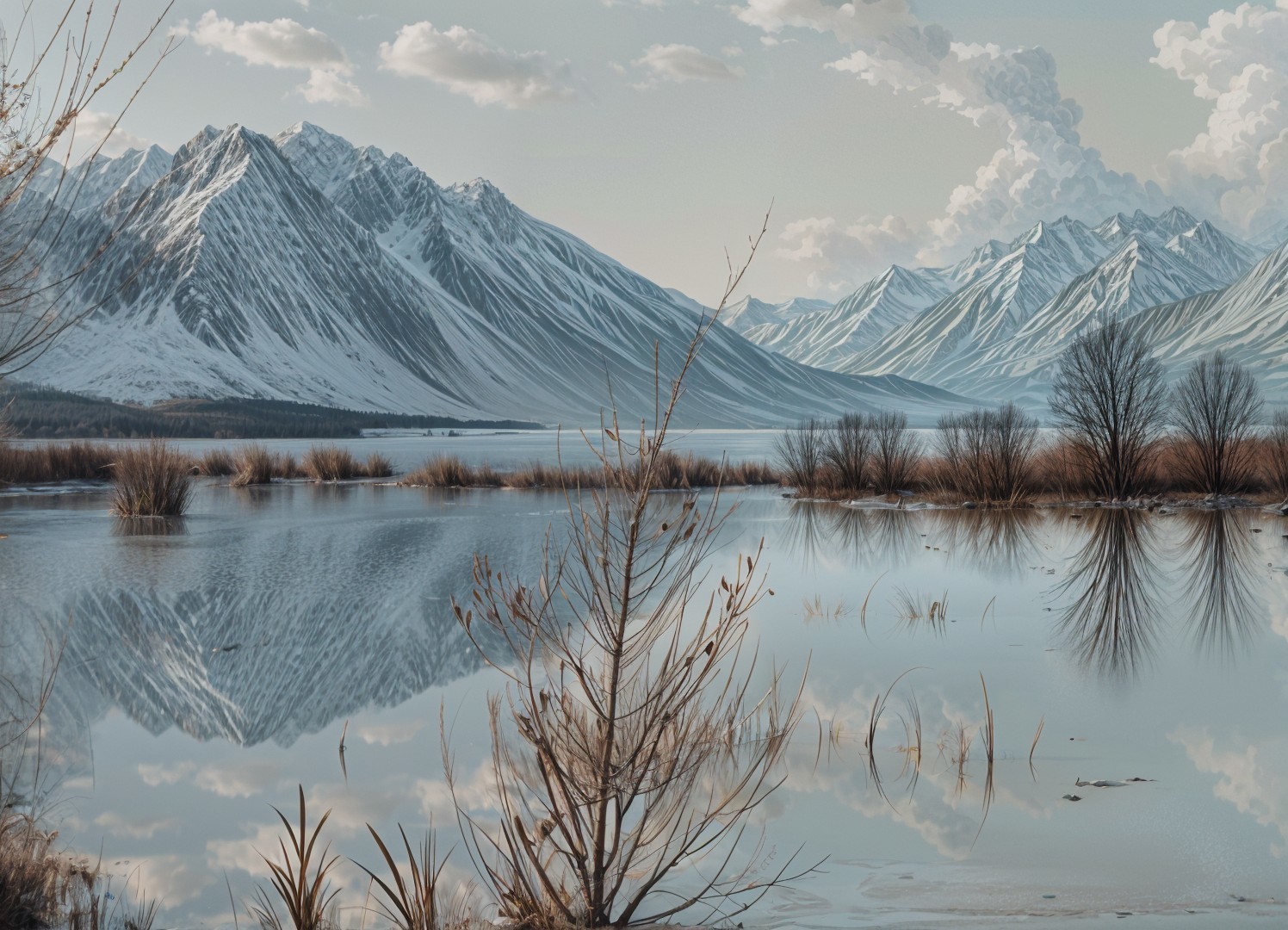 Serene Lake Reflecting Snow-Capped Mountains Landscape