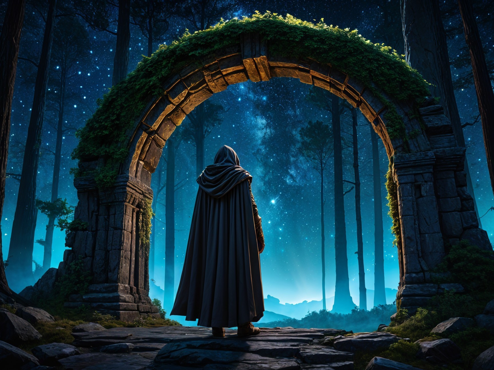 Cloaked Figure at Stone Archway in Enchanted Forest