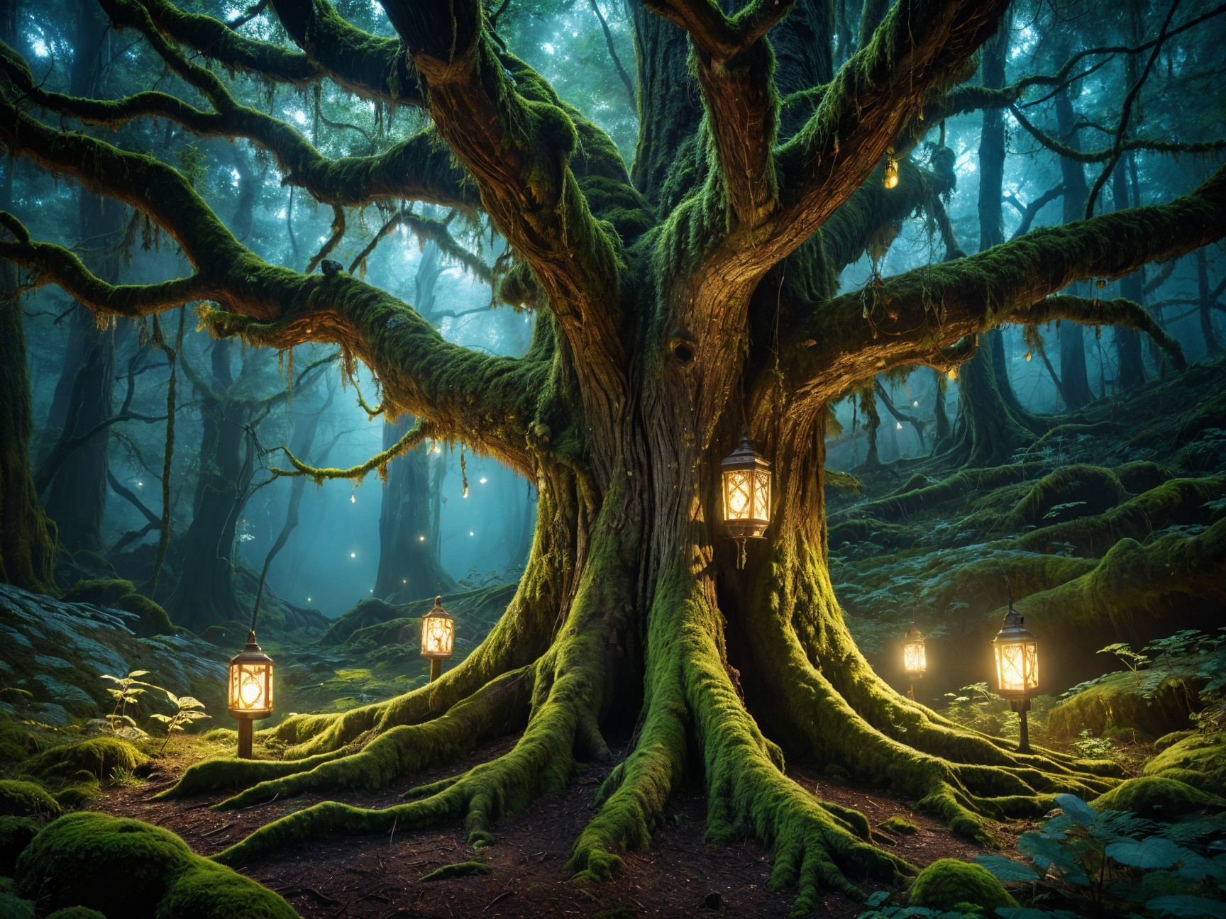 Ancient Tree in a Mystical Forest with Lanterns