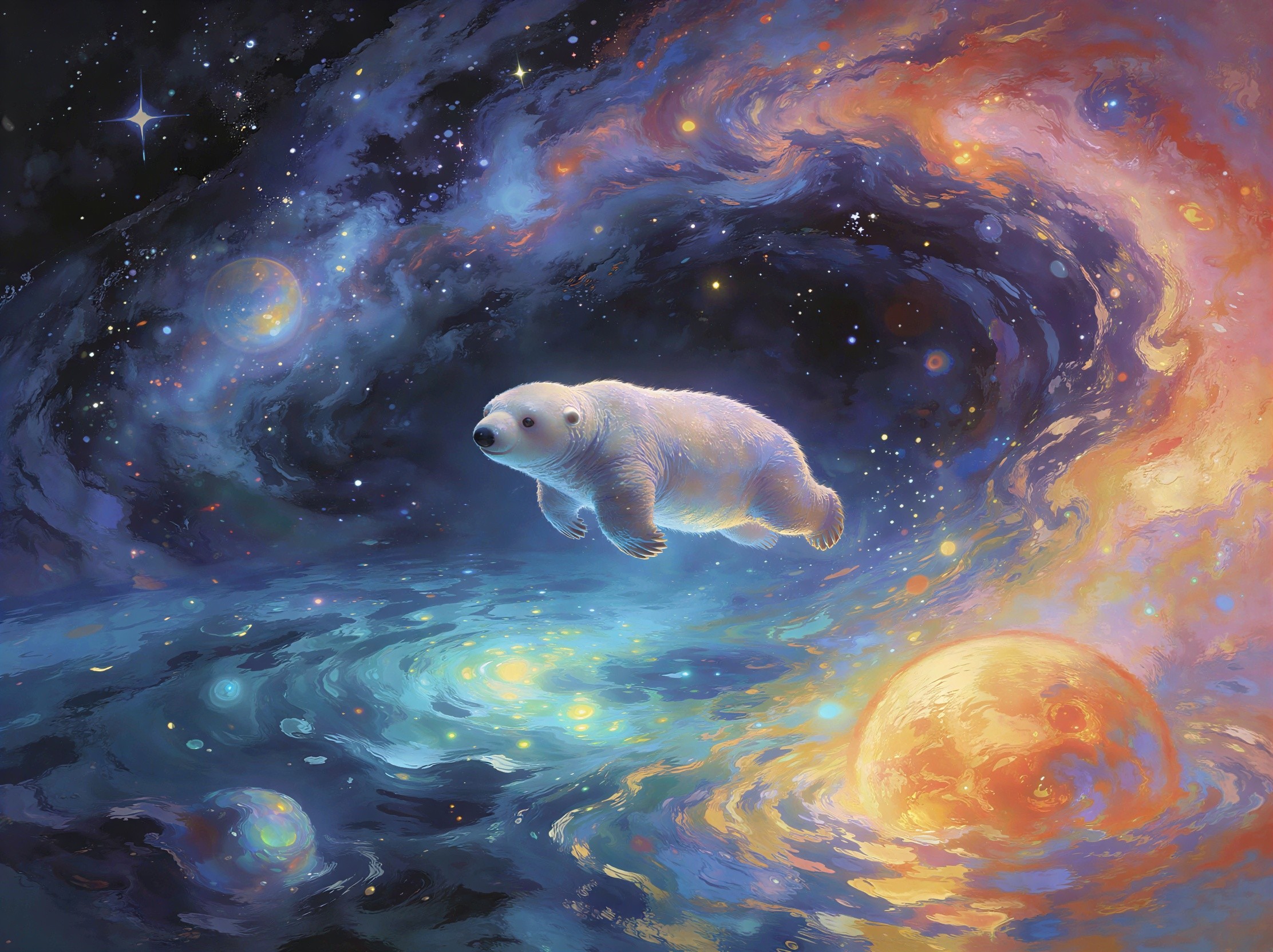 Polar bear cub in cosmic landscape digital painting