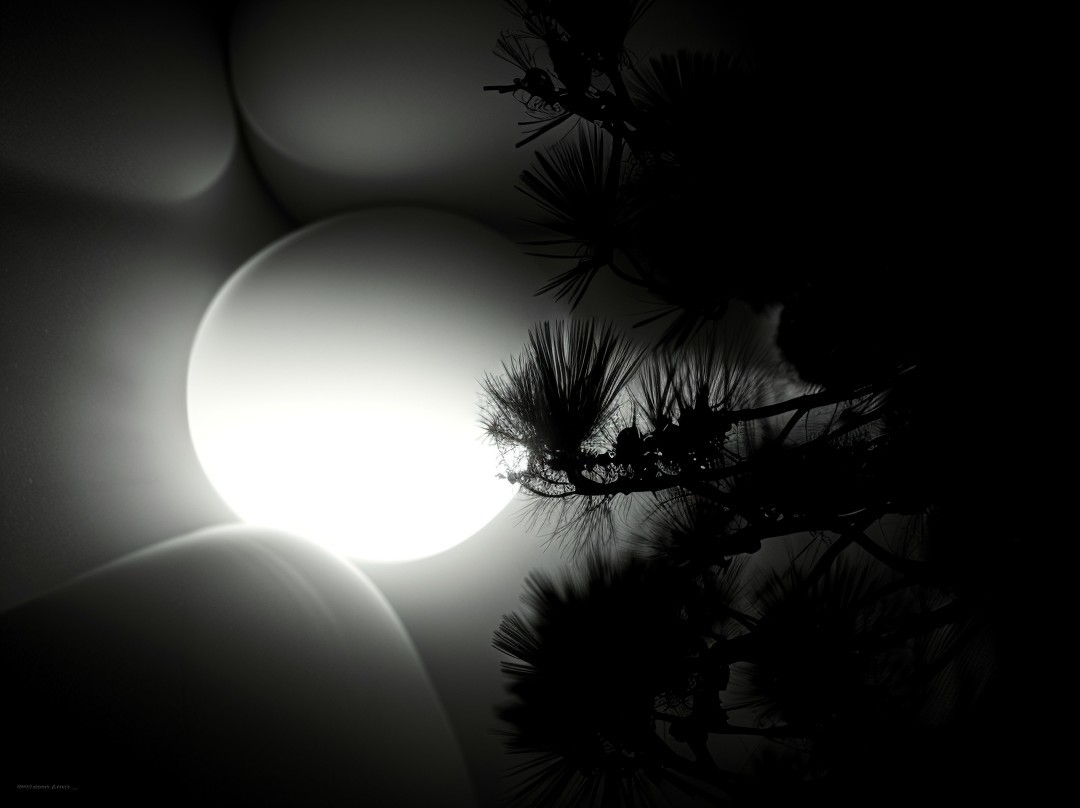 Monochromatic Scene with Glowing Orb and Pines