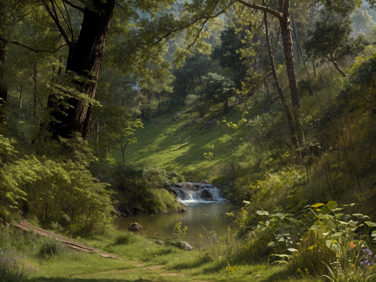 Serene Forest Landscape with Gentle Stream and Wildflowers