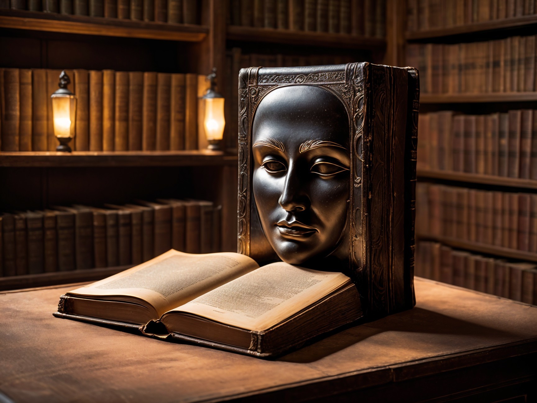 Antique Book with Mask Cover in Dimly Lit Library