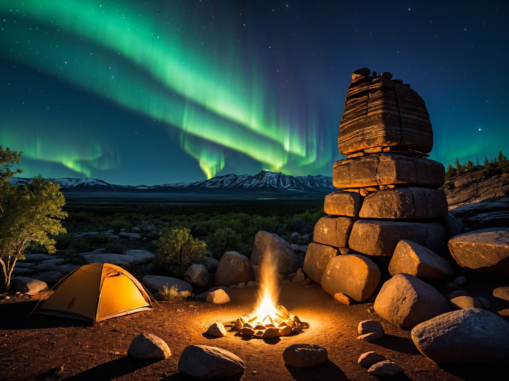 Campsite with Northern Lights and Starry Night Sky