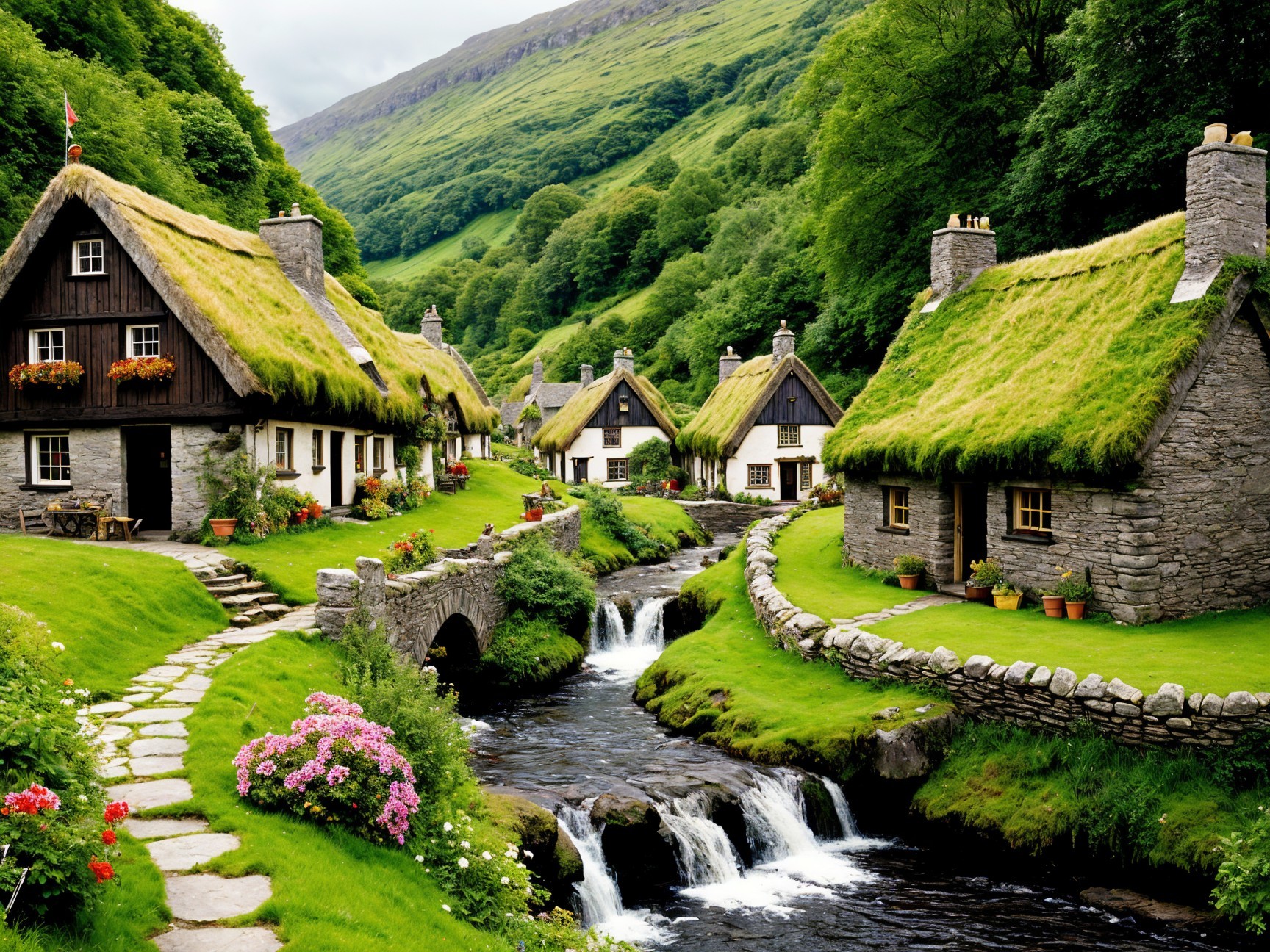 Picturesque Village in a Lush Green Valley Setting
