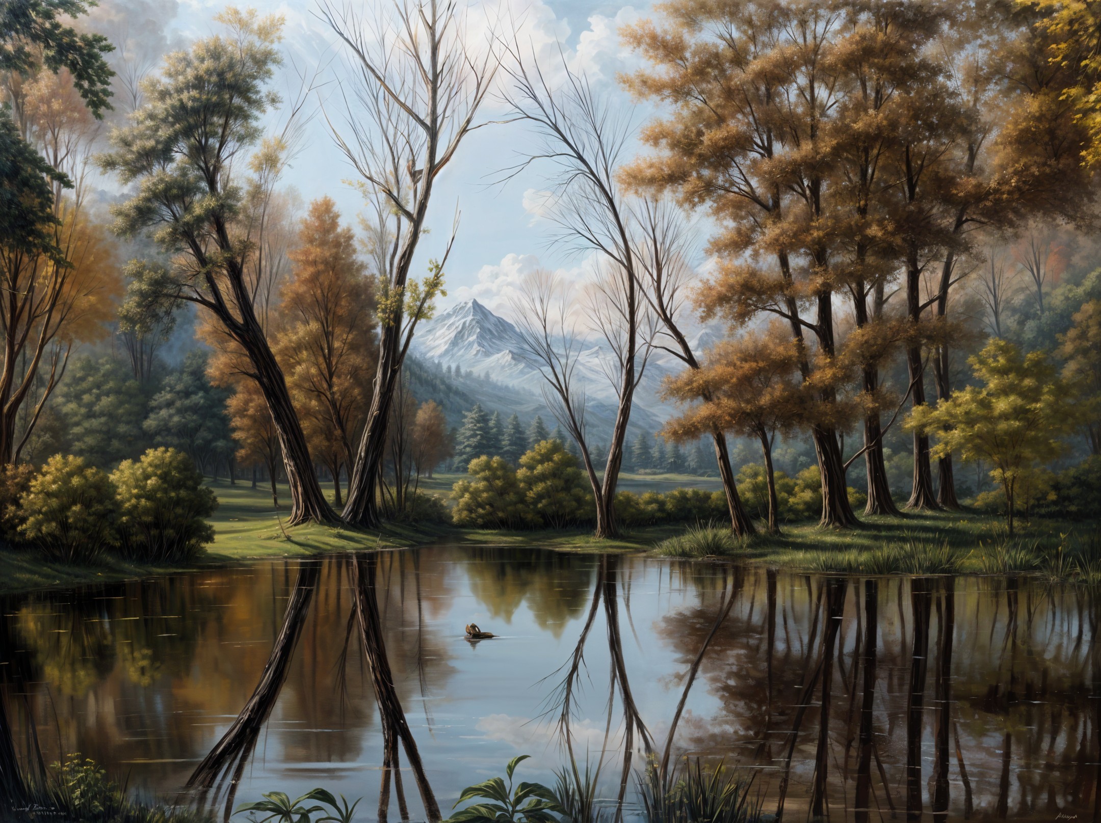 Tranquil Autumn Landscape with Pond and Mountains