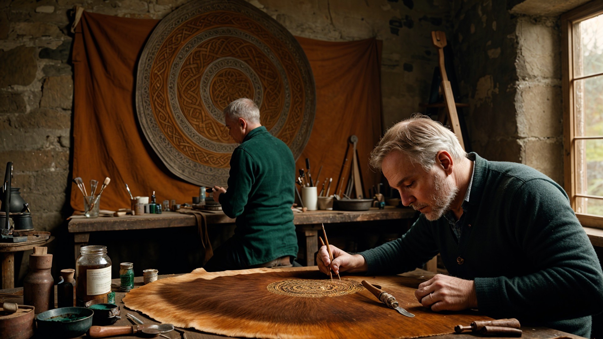 Artisans Engaged in Intricate Woodwork Craftsmanship