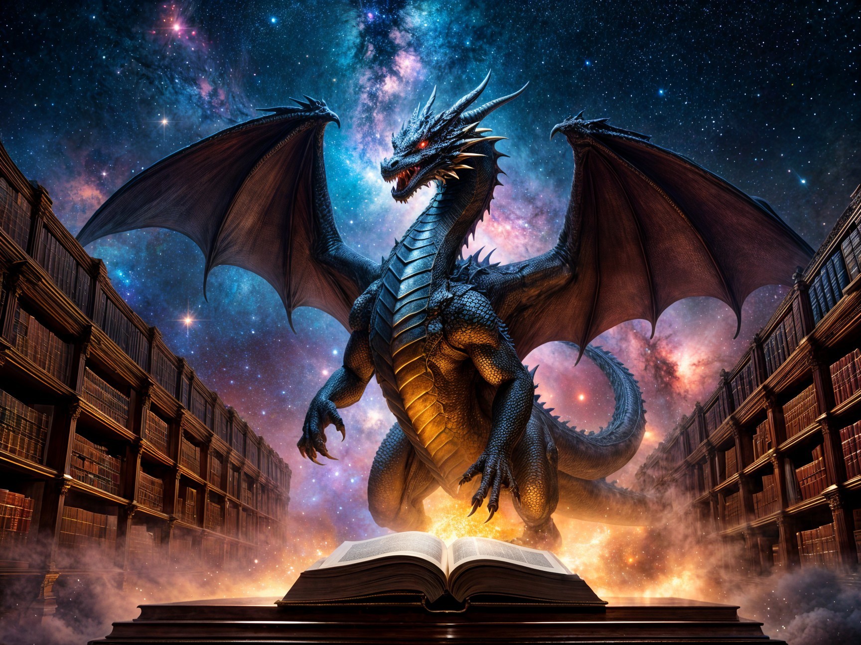 Majestic dragon in a mystical library with galaxies
